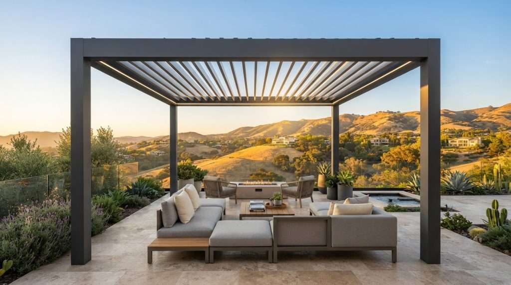 Aluminum patio cover over a paved patio beside a home